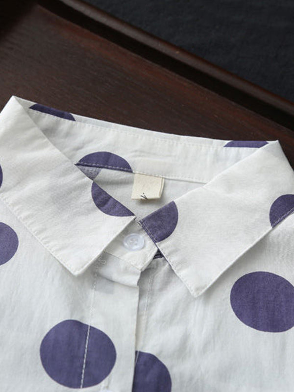 High-low Long Sleeves Polka-dot Lapel Shirts Tops