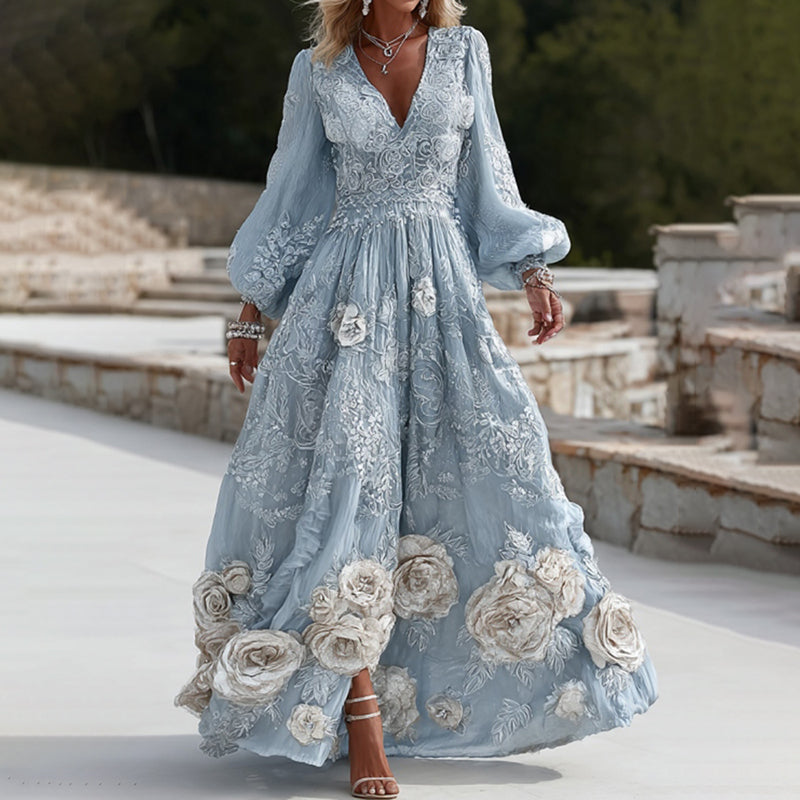 Women's Vintage Blue Floral Embroidery Long Sleeve Casual Maxi Dress elevenforest