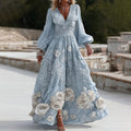 Women's Vintage Blue Floral Embroidery Long Sleeve Casual Maxi Dress elevenforest
