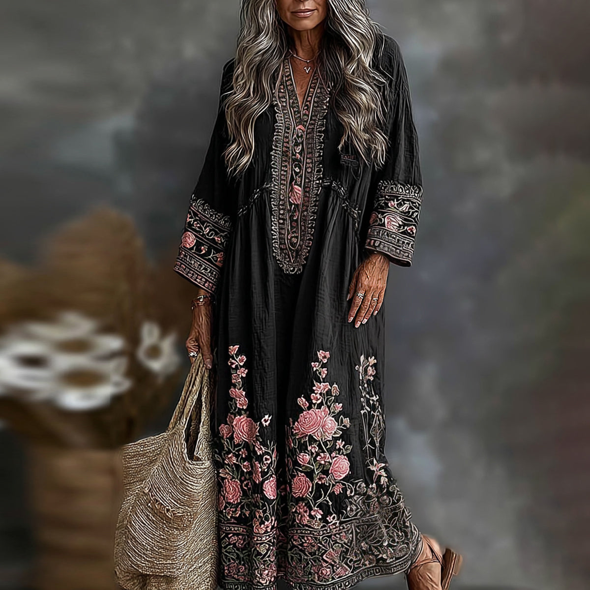 Women's Floral Art Flowy Linen Blend Casual Long Sleeve Maxi Dress elevenforest