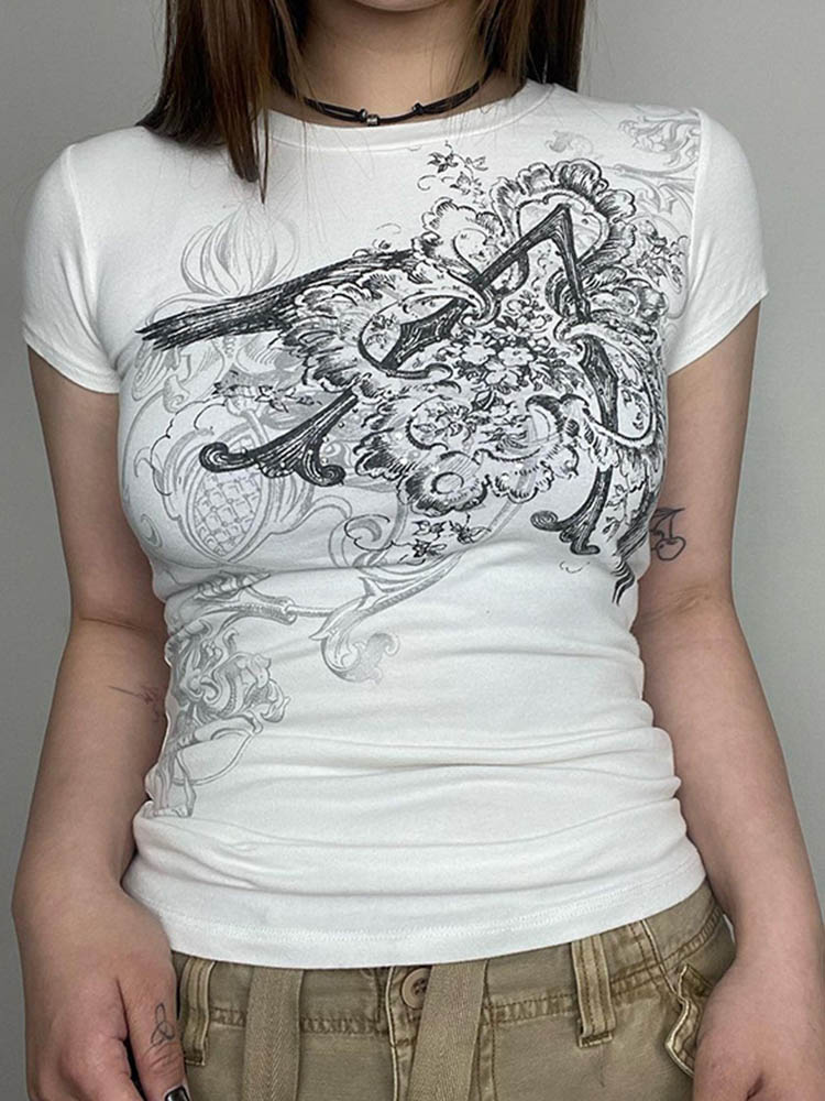 Retro Graphic Crop Top White Short Sleeve O Neck T Shirt for Y2k Aesthetic Basic Tees Clothes