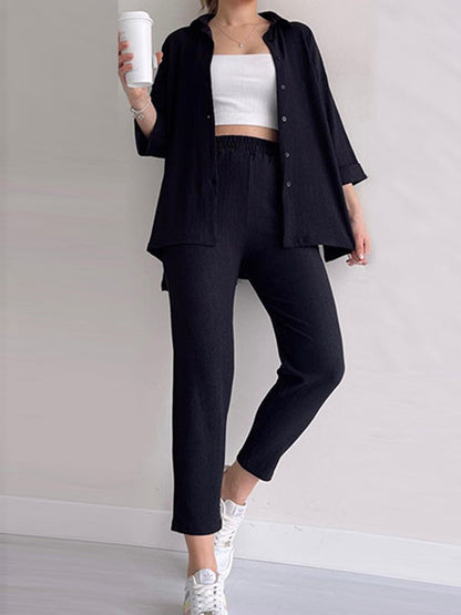 Color High-low Split-side Lapel Blouses + High Waisted Pants Bottom Two Pieces Set