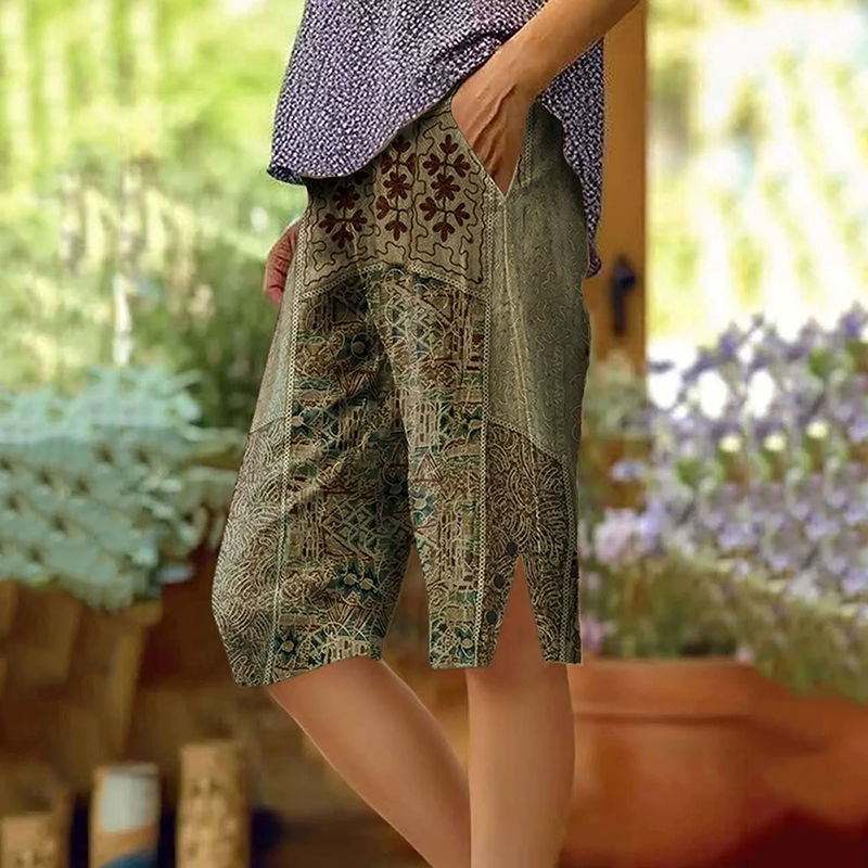 Comstylish Retro Bohemian Style Floral Embellished Pattern Patchwork Art Graphics Cozy Linen Shorts