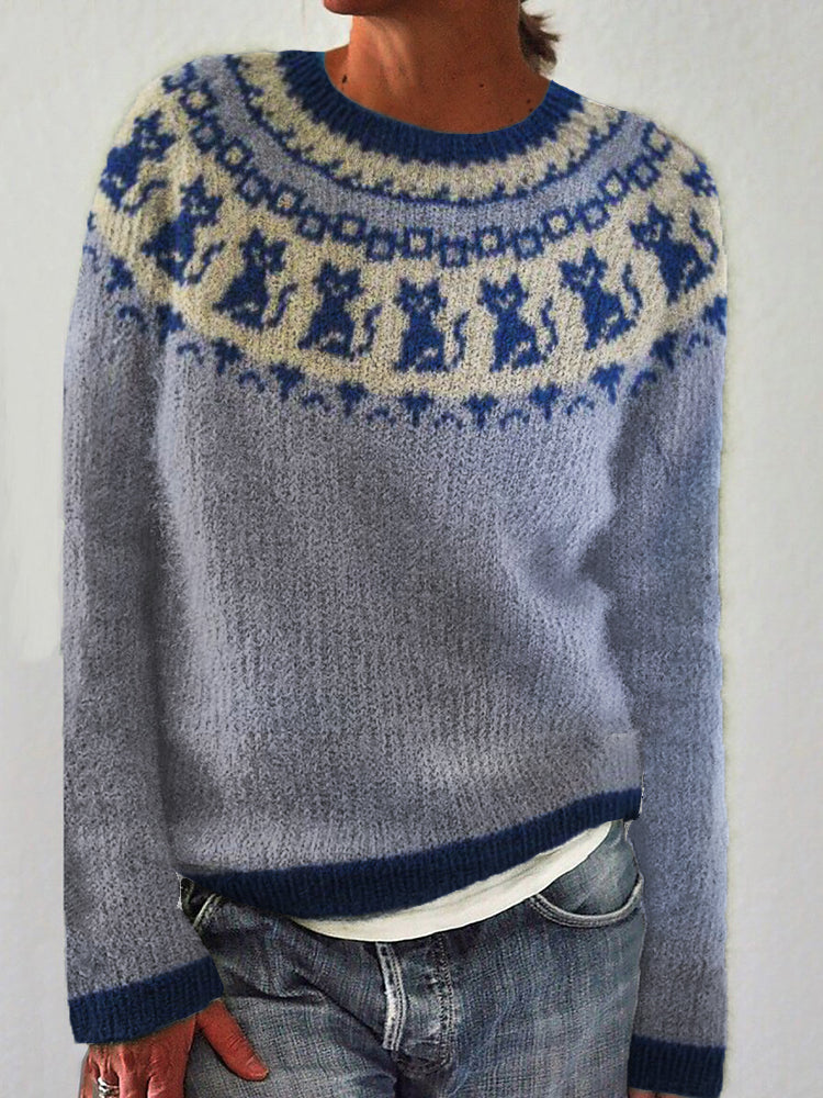 Vintage Cats Pattern Knit Cozy Sweater elevenforest