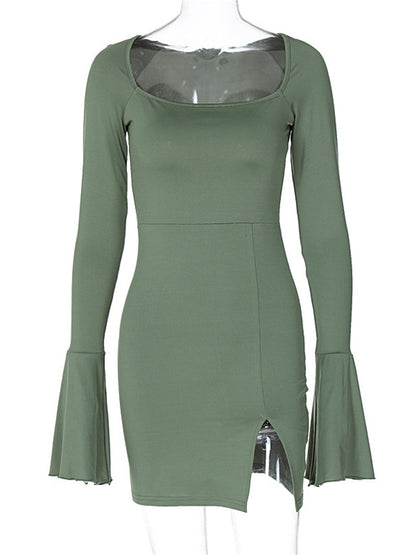 Tossy Square Collar Mini Dress Female Patchwork Split Patchwork Long Sleeve Clothes Dress High Waist Dress