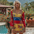 Women's Venezuela Flag Floral Art Casual Linen V-neck Long Sleeve Dress elevenforest