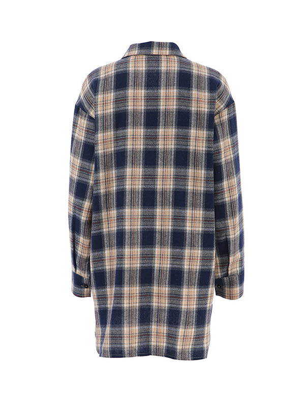 Long Sleeves Loose Plaid Split-joint Lapel Blouses
