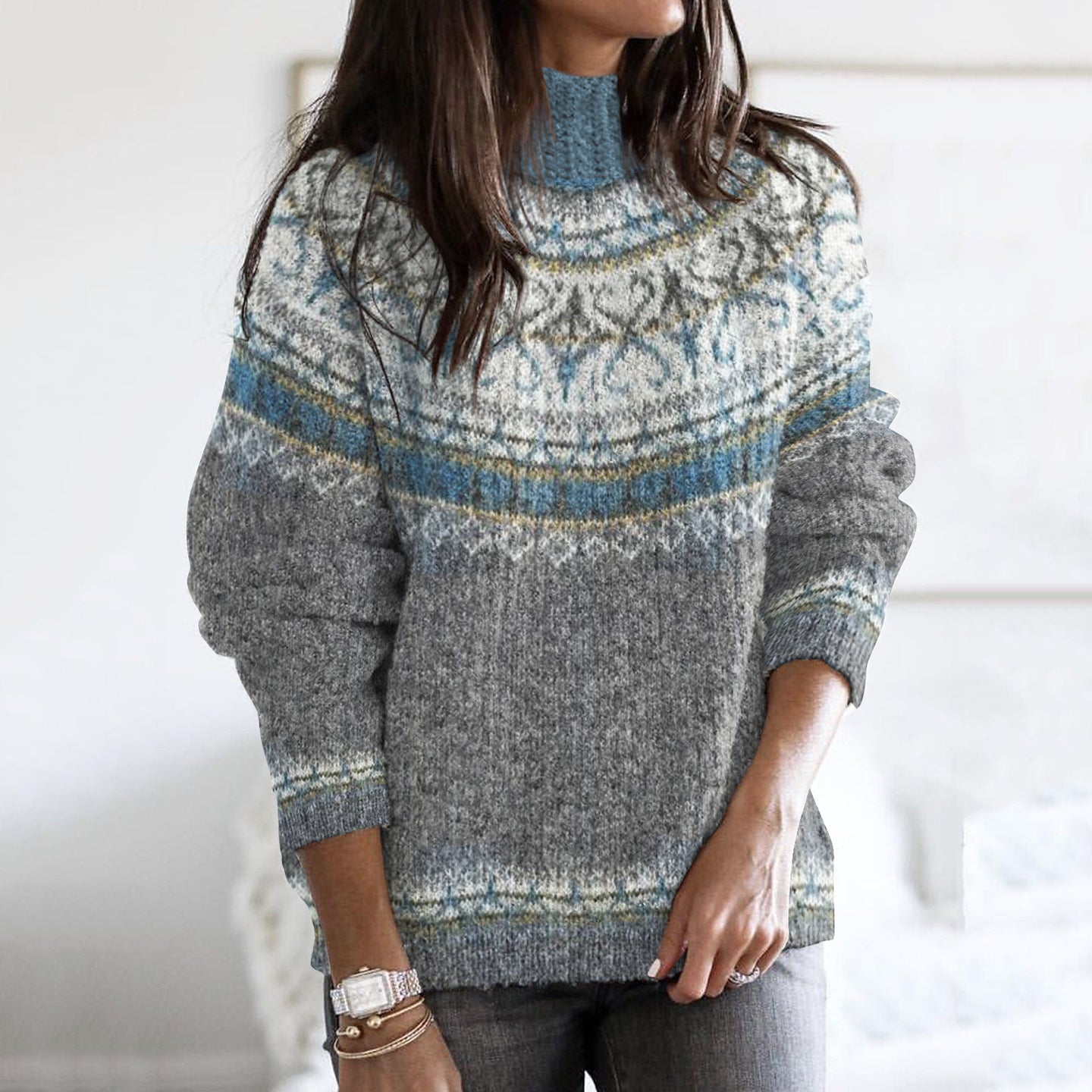 Vintage Fairman Island Geometric Pattern Contrast Turtleneck Sweater elevenforest