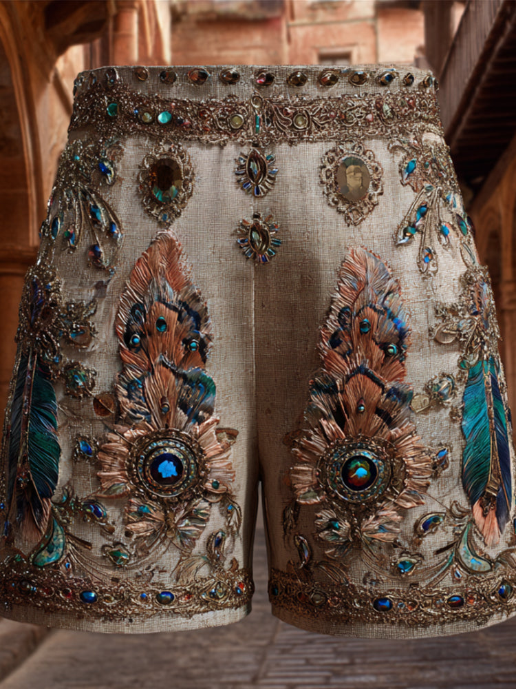 Western-style Three-dimensional Feather Gem Egyptian Vintage Shorts elevenforest