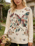 Boho Butterfly & Floral Patchwork Pattern Women's Linen Long Sleeve Shirt elevenforest
