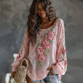 Women's Floral Embroidered Art Print Flowy Linen Blend Casual Tops elevenforest