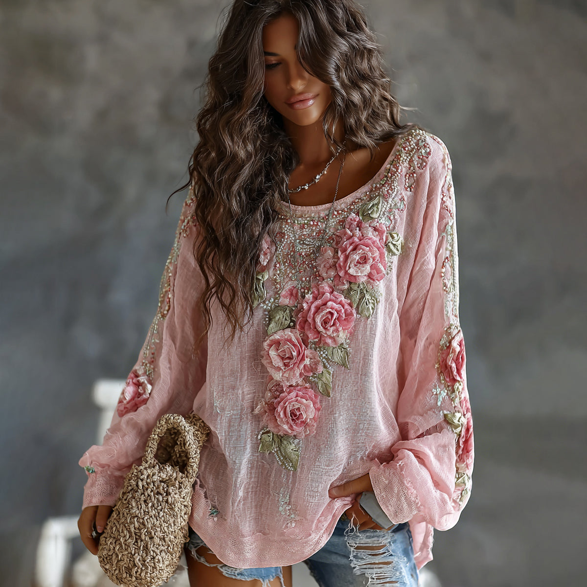 Women's Floral Embroidered Art Print Flowy Linen Blend Casual Tops elevenforest
