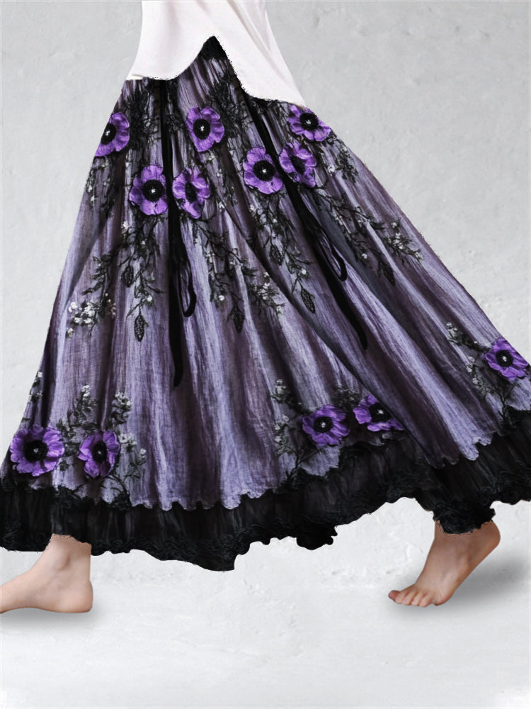 Purple Floral Lace Hem Layered Flowy Wide Skirt elevenforest