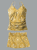 Yellow Pattern V-Neck Vintage Flowers Print Suspender Skirt Tankini Pantskirt Set Swimsuit