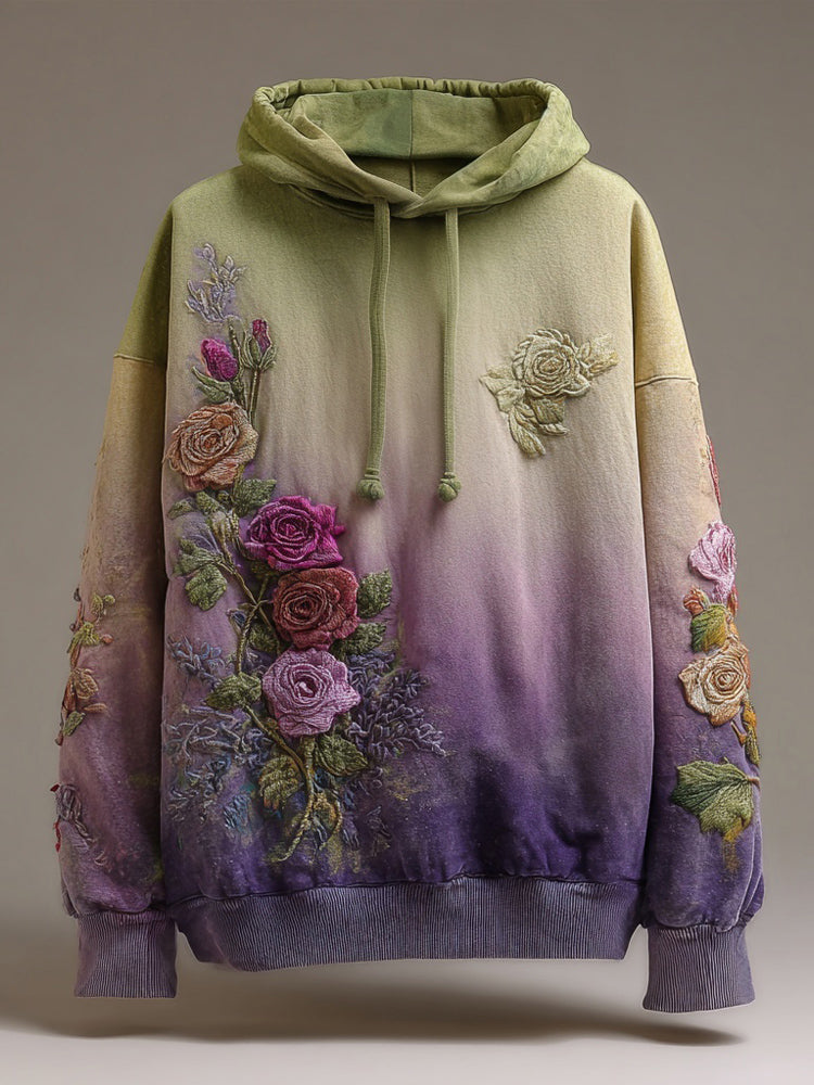 Vintage Roses Embroidered Purple Gradient Comfy Hoodie elevenforest