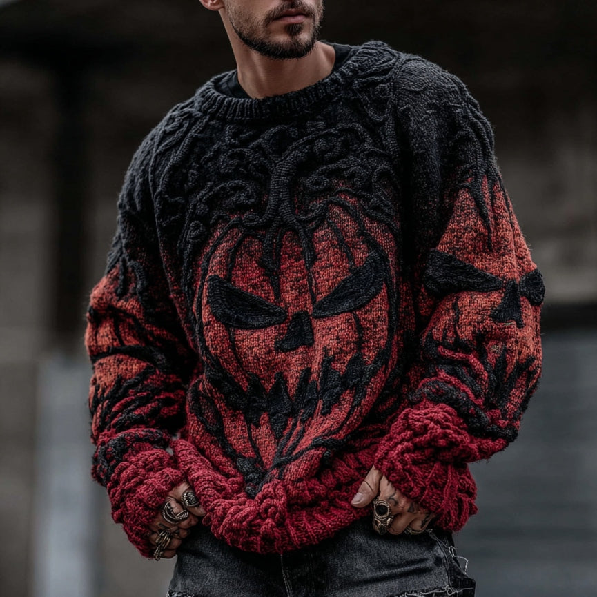 Men's Halloween Pumpkin Face Knit Pullover Sweater artswardrobe