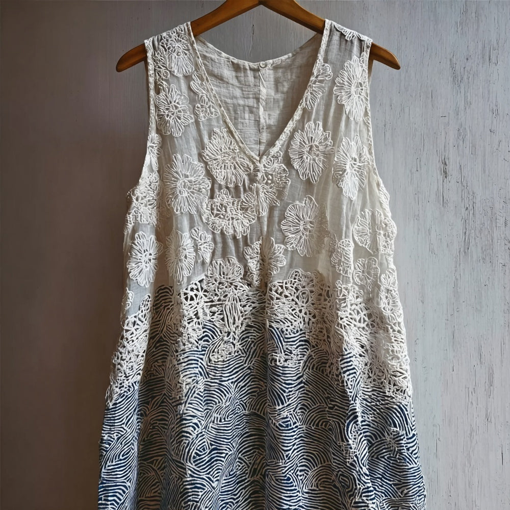 Japanese Waves Patchwork Hollow Floral Lace Tank Top elevenforest
