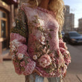 Comstylish Women's Vintage Rose Embroidery Knitted Crew Neck Sweater
