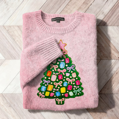 Christmas Rhinestone Tree Embroidered Cozy Knit Sweater artswardrobe