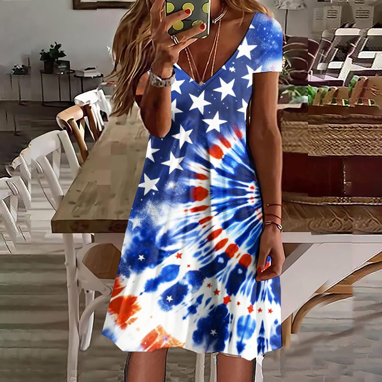 Comstylish Women's Independence Day Tie-dye Short Sleeve Dress