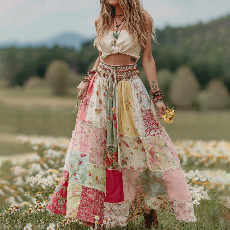 Vintage Boho Roses Patchwork Art Flowy Linen Skirt elevenforest