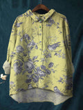 Women's Elegant Botanical Print Cotton And Linen Shirt