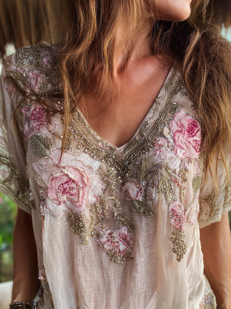 Ladies' Rose Embroidered Retro Short Sleeve V-neck Top elevenforest