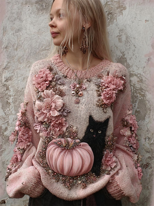 Black Cat & Pink Pumpkin Floral Beaded Cozy Knit Sweater
