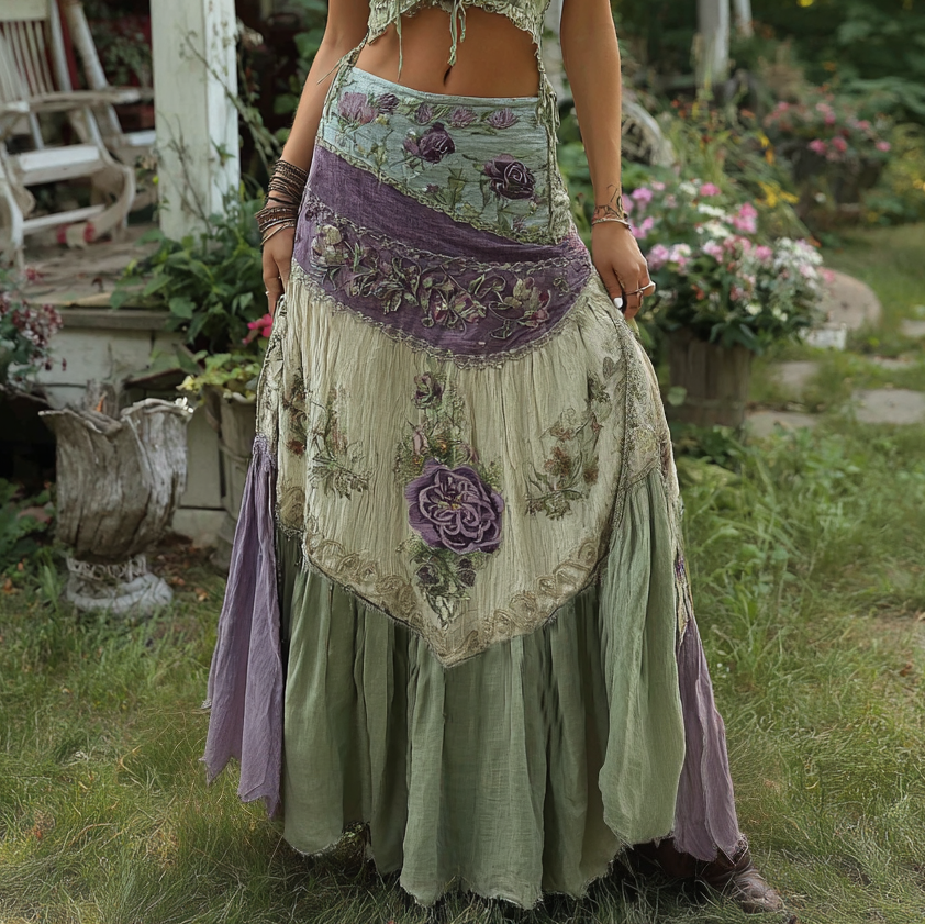 Vintage Classy Gradient Purple Lavender And Floral Embroidered Boho Half-length Skirt elevenforest