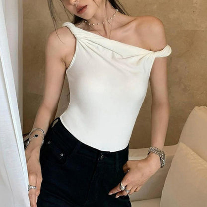 Taruxy Off Shoulder Slim Fit Twist Top for Sleeveless Patchwork Pullover Short T Shirt Female Summer