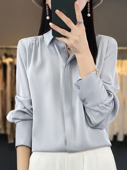 Long Sleeves Loose Buttoned Pleated Color Lapel Blouses&shirts Tops