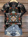 Women's Retro Ethnic Floral Totem Print Crew Neck T-shirt