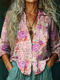 Women's Hippie Art Floral Print V-Neck Shirt