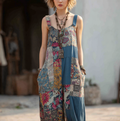 Bohemian Plant Flower Pattern Patch Color Block Women's Strap Wide Leg Pants elevenforest