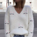 Lovely Cat Faces Embroidered V Neck Fuzzy Sweater elevenforest