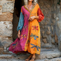 Women's Dragonfly Embroidery Contrast Color V-neck Loose Midi Dress elevenforest