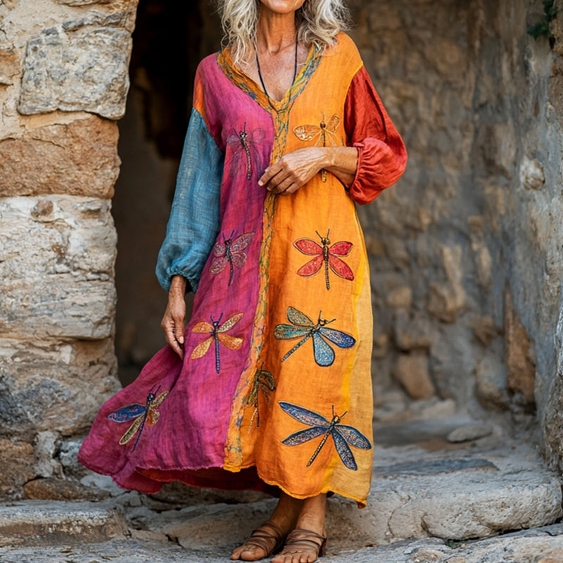 Women's Dragonfly Embroidery Contrast Color V-neck Loose Midi Dress elevenforest