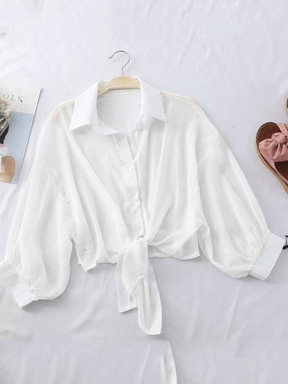 Chiffon Shirts Summer Half Sleeve Buttoned Up Shirt Loose Blouse Tied Waist Blouses for