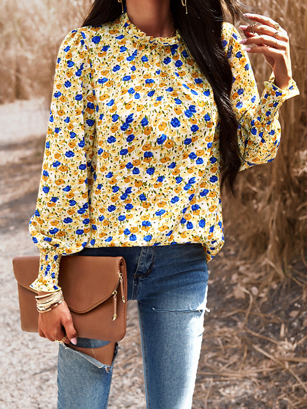 Long Sleeves Loose Elasticity Flower Print Ruffled Mock Neck Blouses&shirts Tops