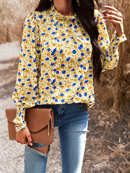 Long Sleeves Loose Elasticity Flower Print Ruffled Mock Neck Blouses&shirts Tops
