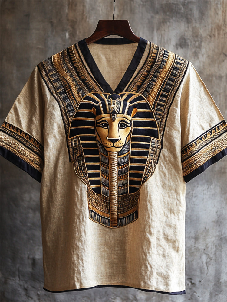 Ancient Egyptian Lion Embroidered Folk Linen Shirt elevenforest
