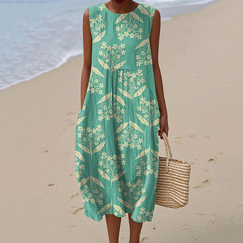 Women's Vintage Floral Art Print Sleeveless Casual Dress elevenforest