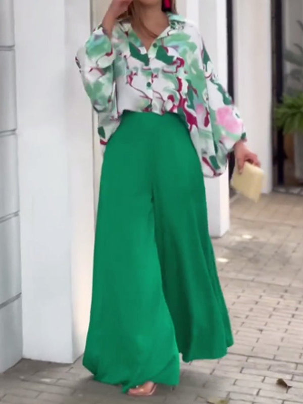 Long Sleeves Printed Blouses + High-waisted Color Wide Leg Pants Trousers Two Pieces Set