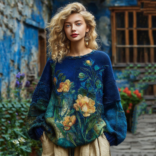 Vintage Oil Painting Inspiration Floral Embroidered Flowy Sweater