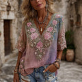 Women's Retro Floral Embroidered Art Gradient V-neck T-shirt elevenforest