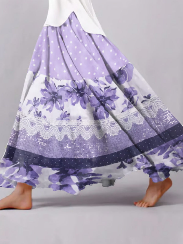 Women's Retro Casual Purple Floral Splicing Skirt elevenforest