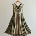 Women's Vintage Viking Tree Of Life Patchwork Art Print Linen Tank Midi Dress elevenforest