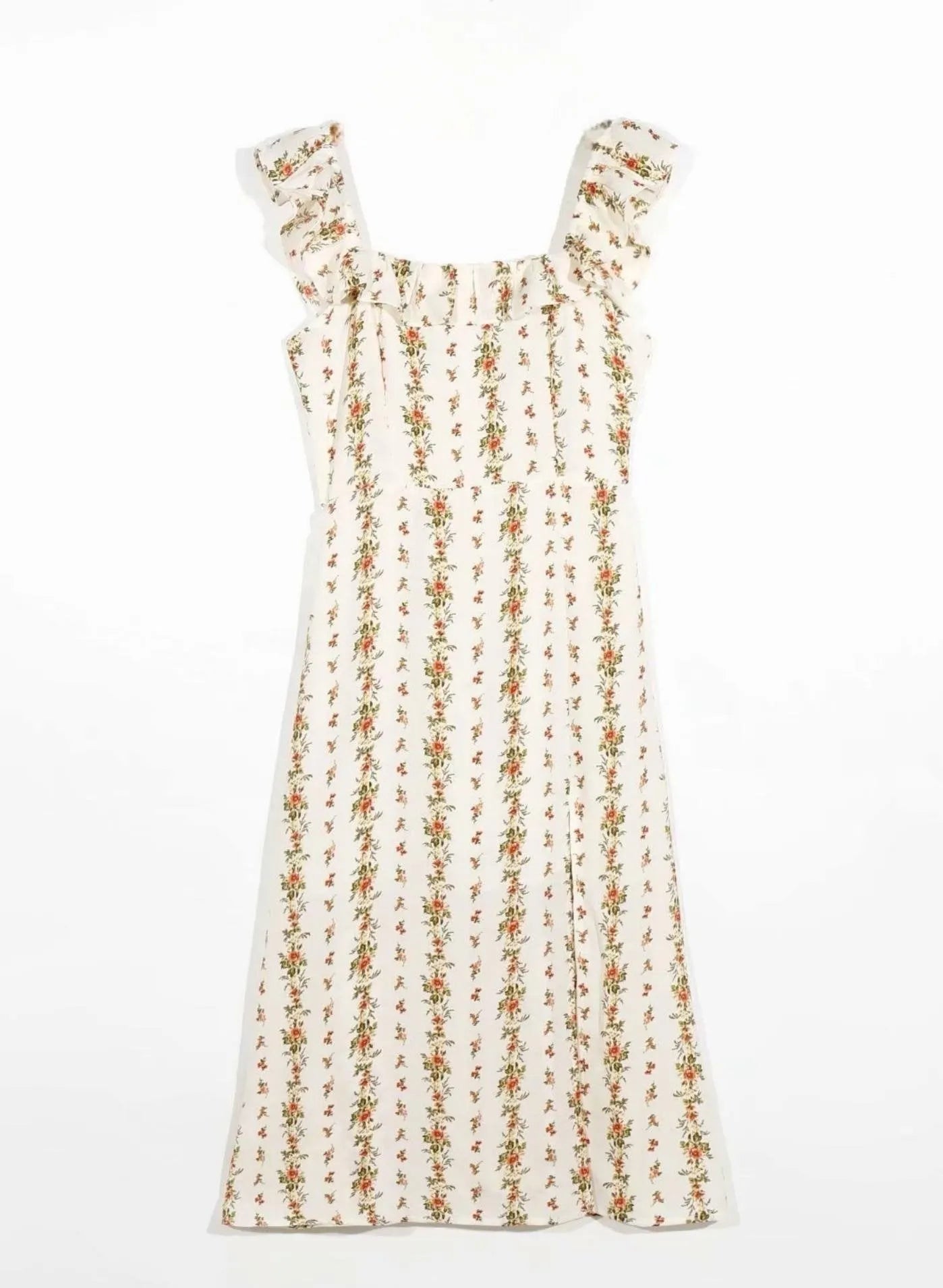 Alyss Printed Ruffle Strap Slit Midi Dress
