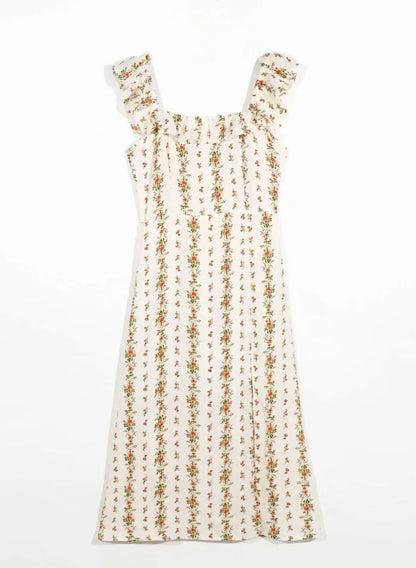 Alyss Printed Ruffle Strap Slit Midi Dress