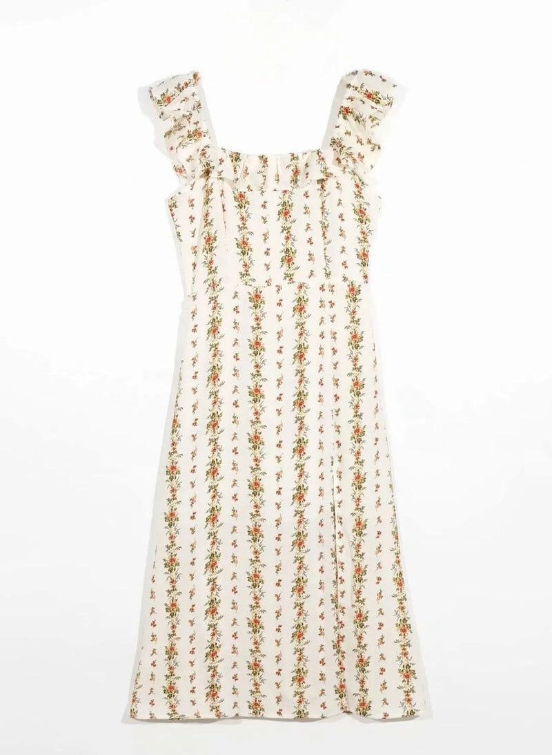 Alyss Printed Ruffle Strap Slit Midi Dress
